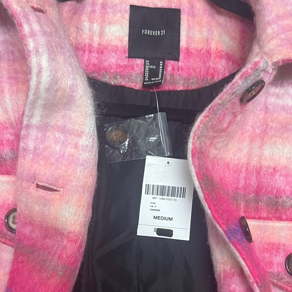 Forever 21 Plaid Flannel Pink Oversized Jacket Wool Blend Women’s MEDIUM New - Picture 10 of 10